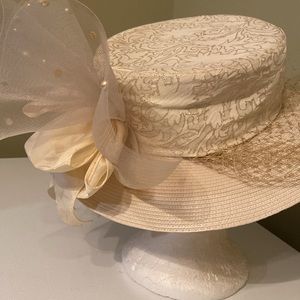 Elegant Ivory & Metallic Gold Church Hat by Whittall & Shon